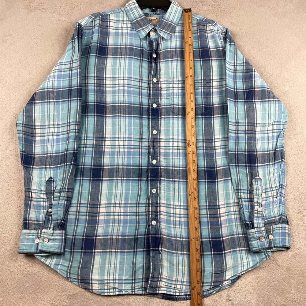 LL Bean Shirt Men LT Large Tall Blue Plaid 100% Linen Slightly Fitted Button Up - Picture 10 of 12